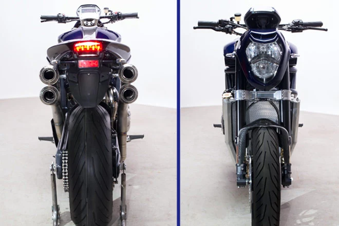 PGM V8 motorcycle: front/rear view