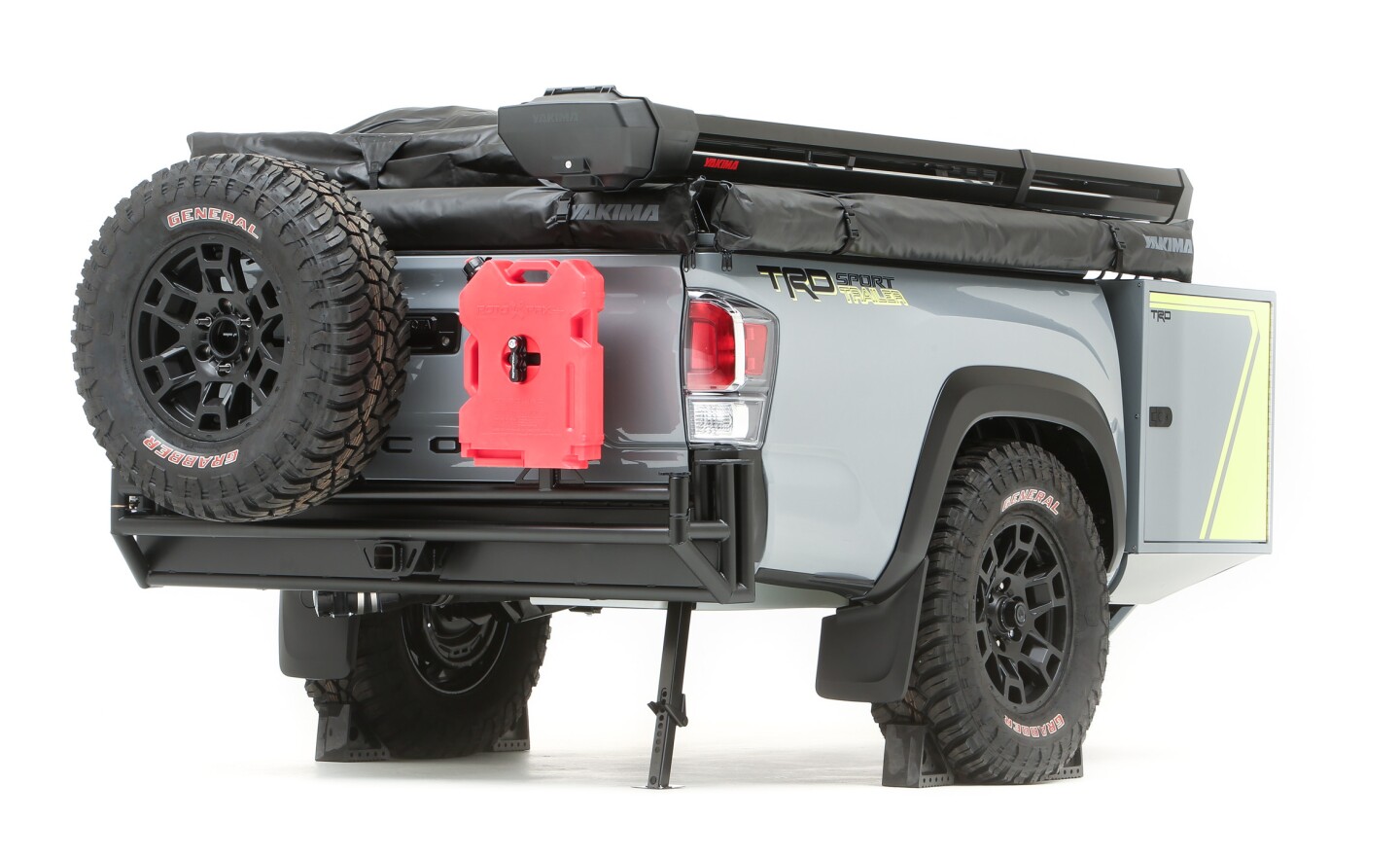The TRD-Sport trailer includes a swing-away rear tire holder and mounted fuel canister