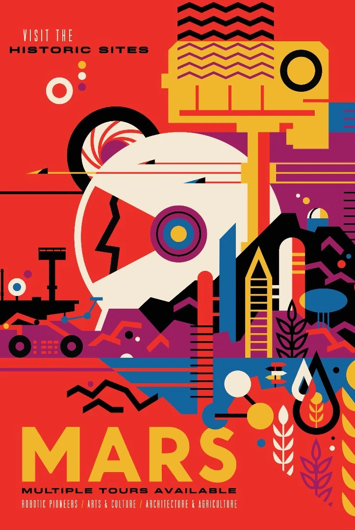 Quote from the designers, "You can see the silhouette of Olympus Mons in the background, there's a hint of underground water, and the rover's wheel is spelling out JPL on the ground in Morse code, just like the Curiosity rover does (for what the rover drivers call "visual odometry.")"