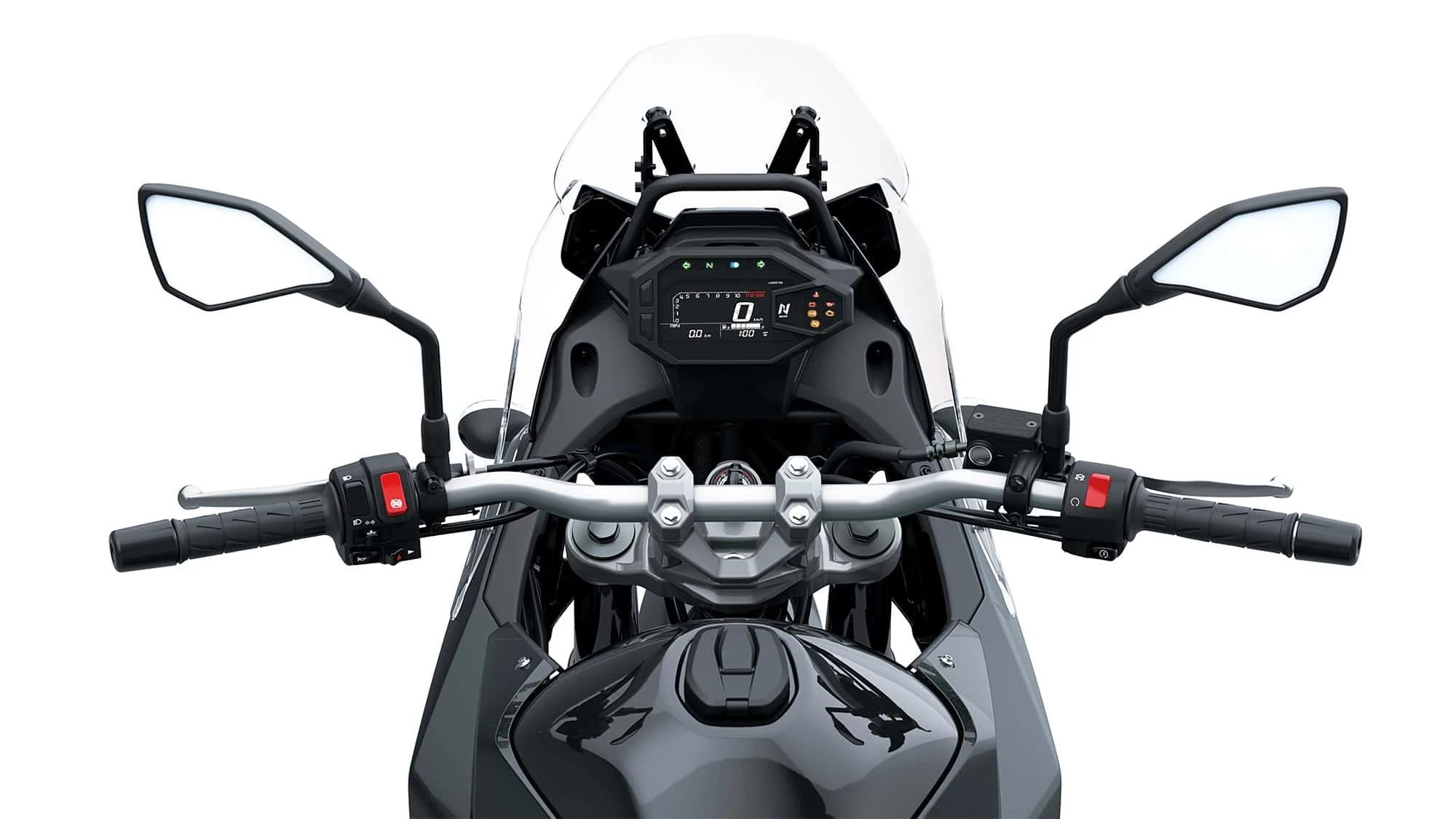 The KLE 500 sports a three-way adjustable 4.1-inch tall windshield with a 4.3-inch color TFT dash behind it