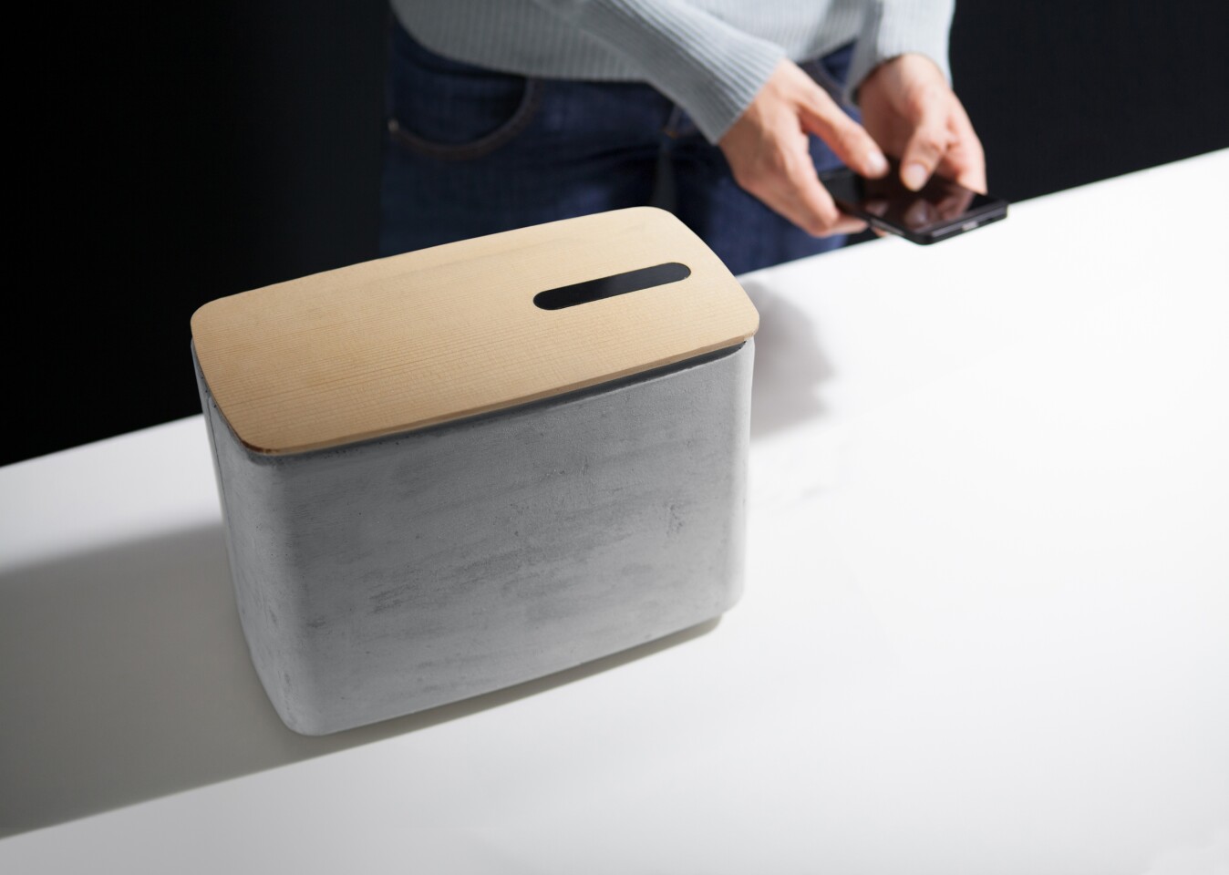 There's no audio input jack, music is streamed to the speaker wirelessly over Bluetooth from a smartphone or media player