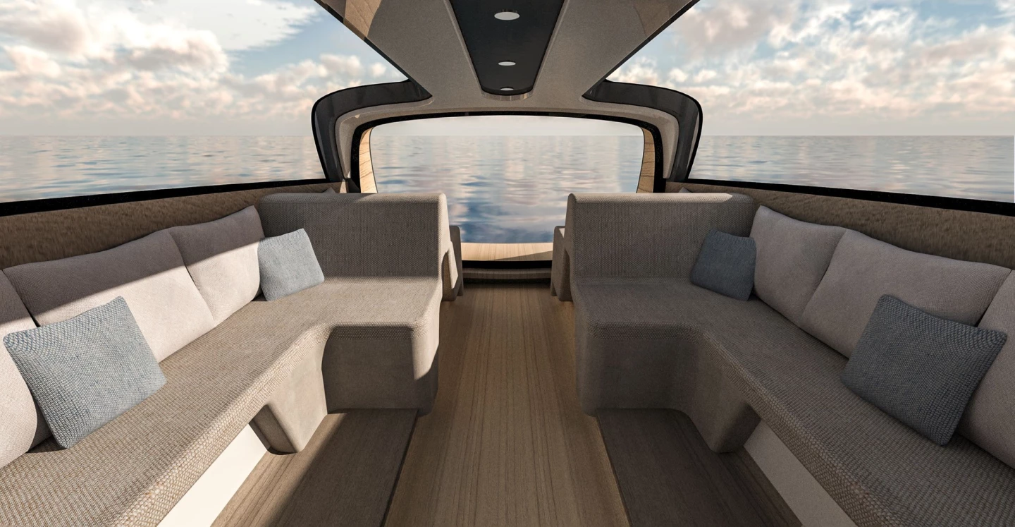 Up to eight guests can sit and chat in the glass-enclosed saloon