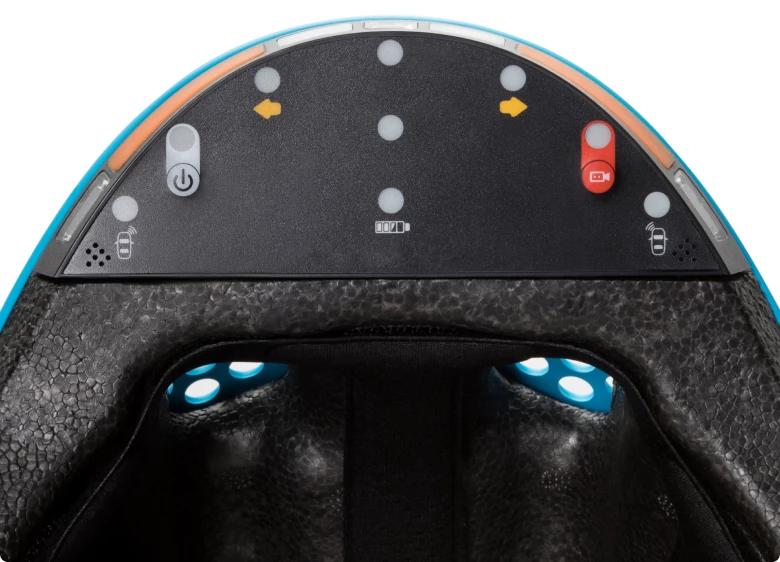 Controls and rider-alert LEDs are located on the underside of the Classon helmet's visor
