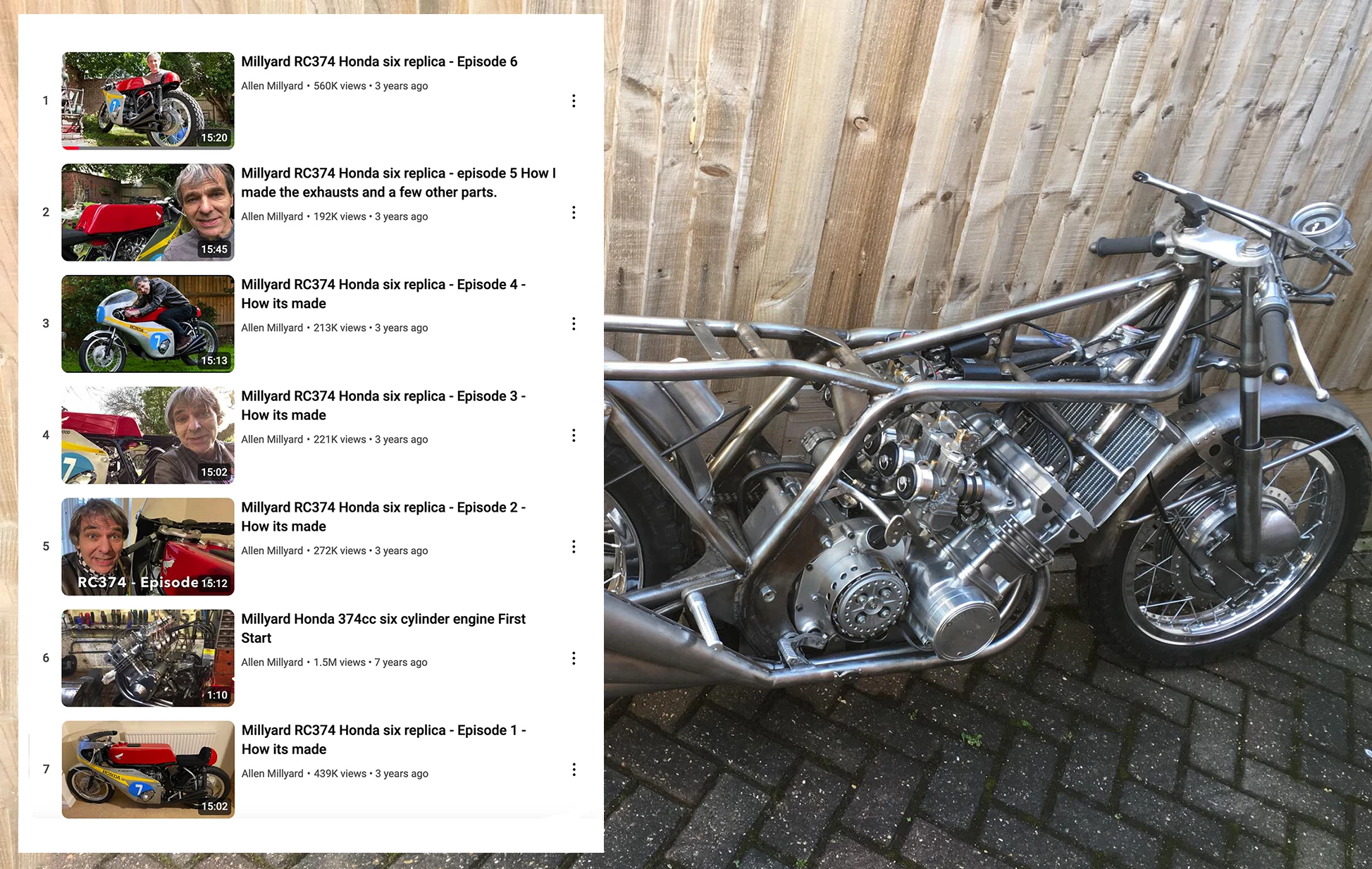 Allen Millyard's 374cc Honda six-cylinder Mike Hailwood replica began with a pair of Yamaha FZR250RR four-cylinder engines. Pablo Picasso never made Youtube videos showing how he created his magic, but Millyard does. Just visit his Youtube Channel for blow-by-blow coverage.