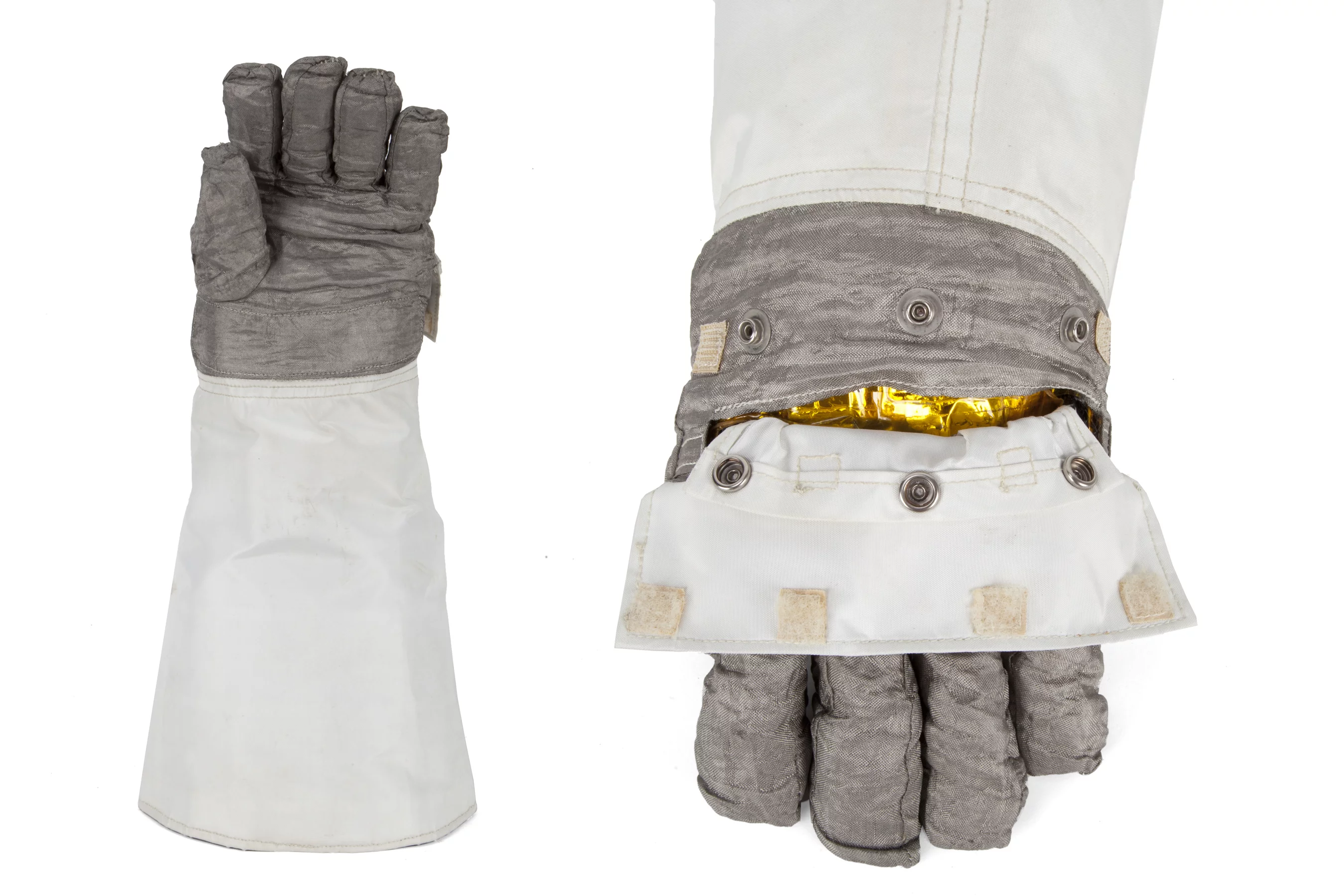 $76,800 | Apollo era spacesuit glove designed for Neil Armstrong | Estimate: $10,000-20,000 | Julien's Auctions | 18 July 2020 | An original 1968 A7L left-hand spacesuit glove assembly designed to fit Neil Armstrong. The assembly consists of an outer white Beta cloth Thermal Micrometeoroid Garment (TMG) sheath over an inner blue nylon and rubber glove with aluminum pressure locking ring. Sewn to the inner edge of the outer sheath is an International Latex Corporation label printed with Armstrong's name. The label also includes the following information: Item: CP2001/ Glove Assy/ EV, Left/ A7l-203000-11/ Model No.: 2001A/ Size: N. Armstrong/ Serial: 008/ Date: 4/68/ Contract No.: NAS 9-6100. Sewn to the outer edge of the inner glove is another International Latex Corporation label printed with Armstrong's name. The inner glove has not been removed due to deterioration of the rubber segments, but some of the information is visible as follows: Model No.: 1001 A/ Size: N. Armstrong/ Serial: 019.