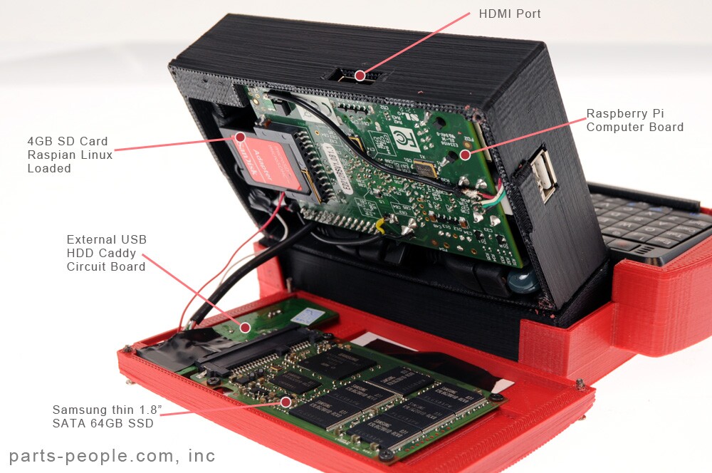 The battery is routed to the main board and a modified 7-port USB hub via the monitor's 9 - 13-volt input, ensuring clean regulated power for an 802.11b/g/n Wi-Fi dongle, a Bluetooth 3.0 dongle, the SSD, a keyboard/mouse transmitter for the QWERTY wireless keyboard and touchpad mouse combo, and the Pi board itself