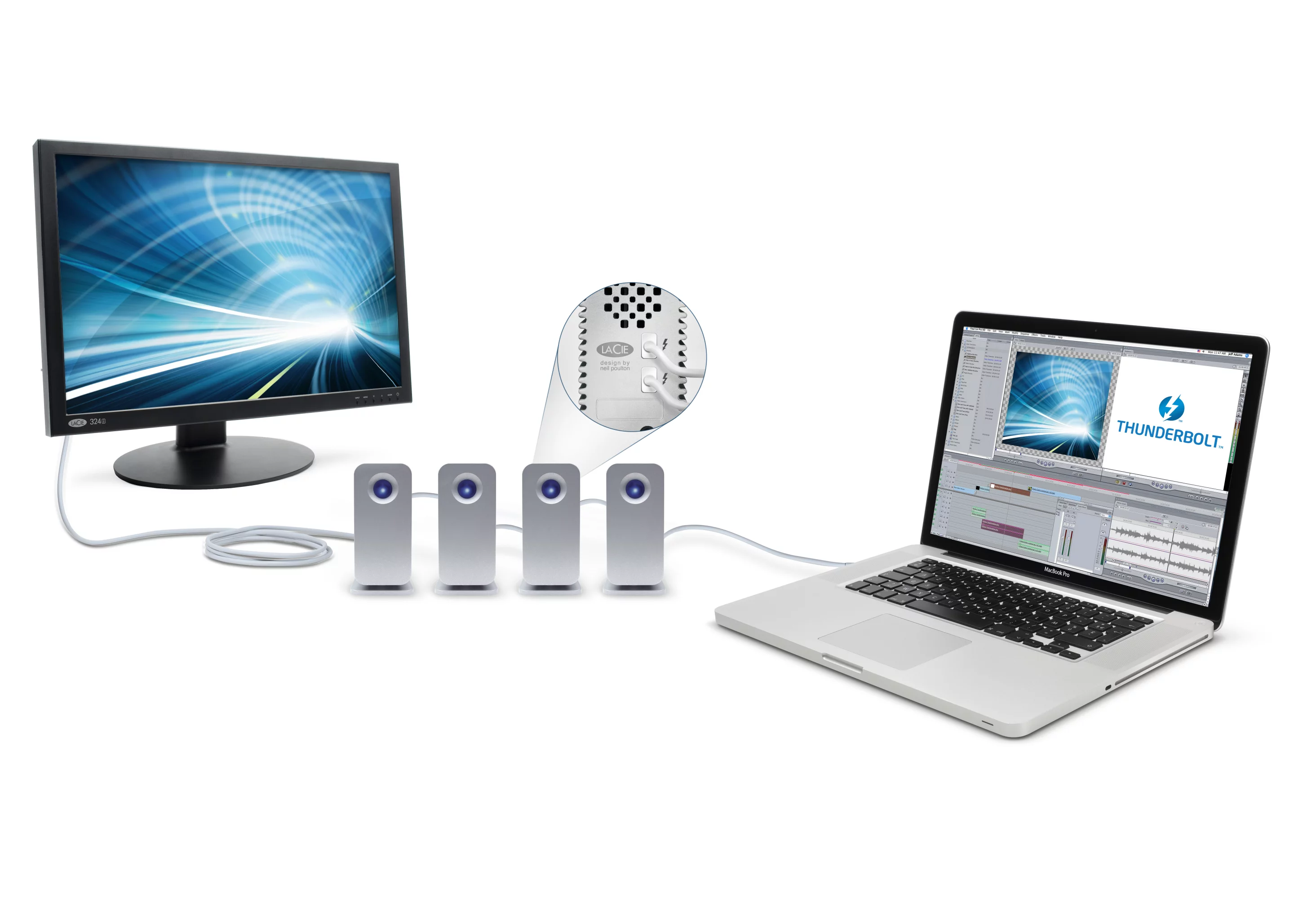 The LaCie Little Big Disk Thunderbolt Series SSD include dual Thunderbolt ports for daisy chaining