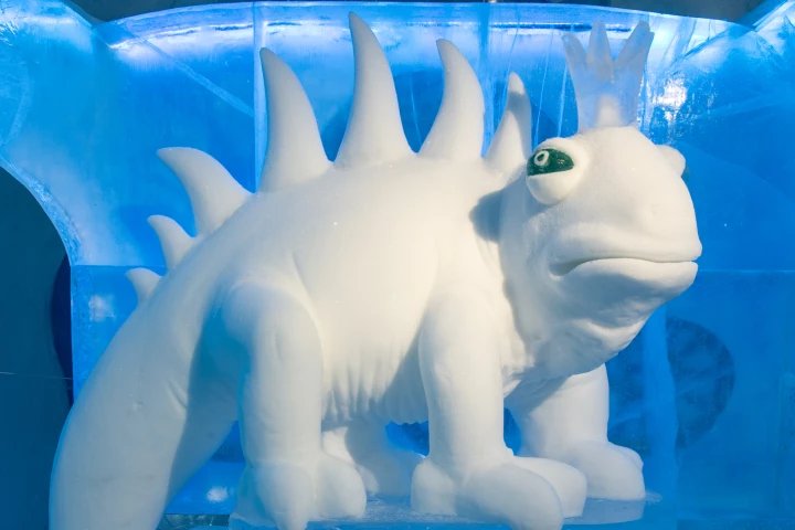 Dreaming in a Dream, by Kestutis Musteikis and Vytautas Musteikis, is one of the arty spaces created for the 2020 Icehotel, and conjures up an icy fantasy land populated with weird and wonderful creatures