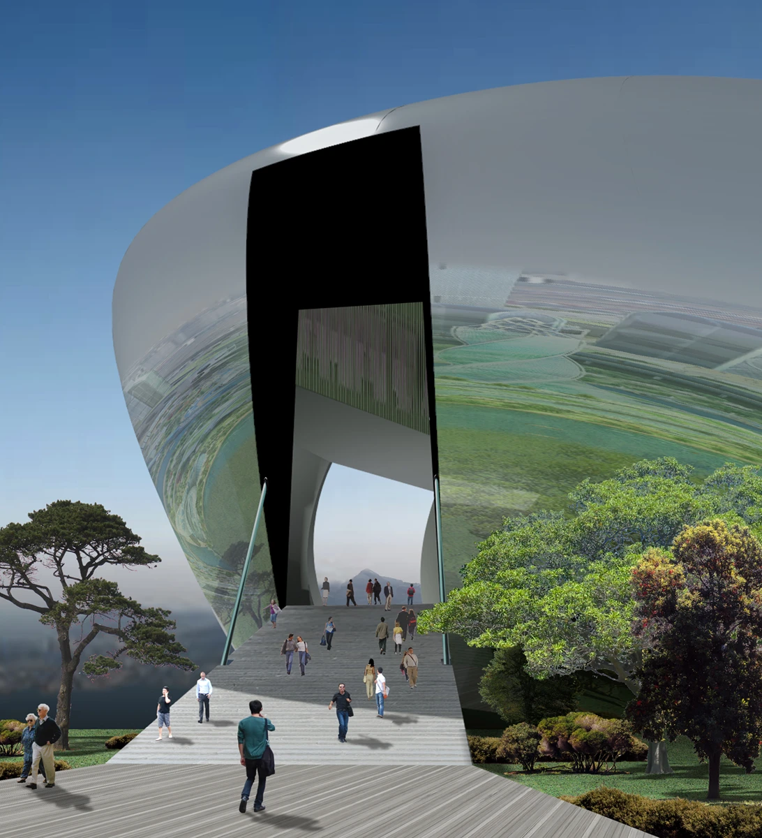 The main public entrance opens and lowers down like a giant gangway, giving the arriving spectators an impression of boarding a spacecraft (image by Lacoste Stevenson)