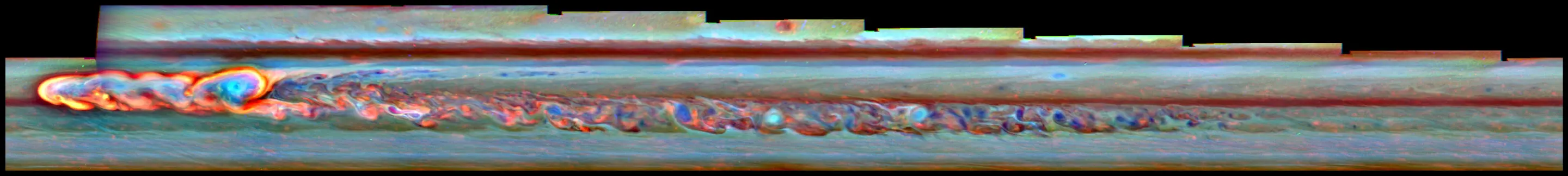 False-color mosaic showing the giant storm in Saturn's northern hemisphere about a month after it began (Image: NASA/JPL-Caltech/SSI/Hampton University)