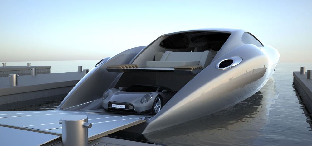 The supercar docks securely with the yacht inside a built-in garage
