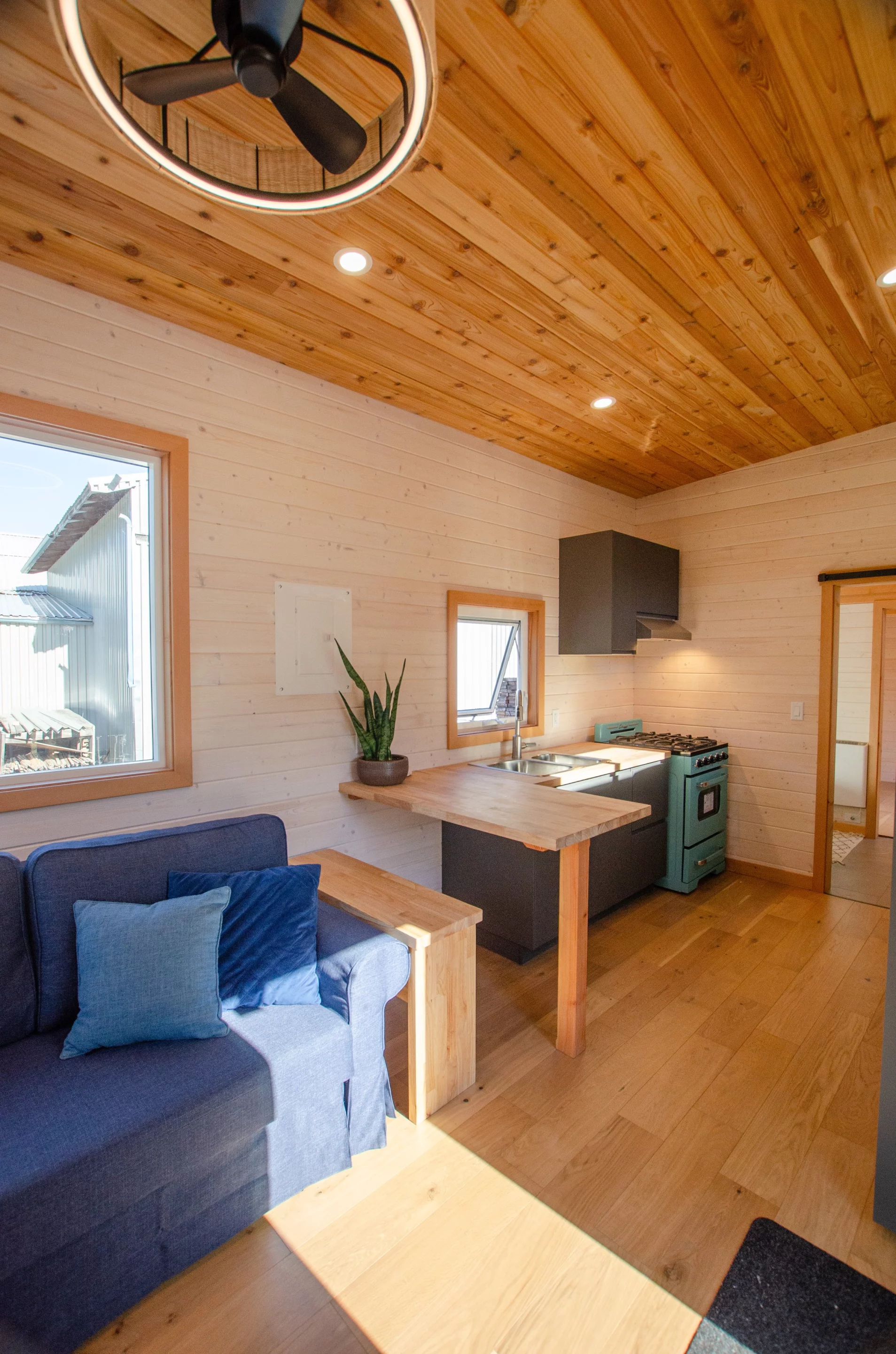 The Juniper's kitchen includes a small dining area for two that doubles as a handy home work area