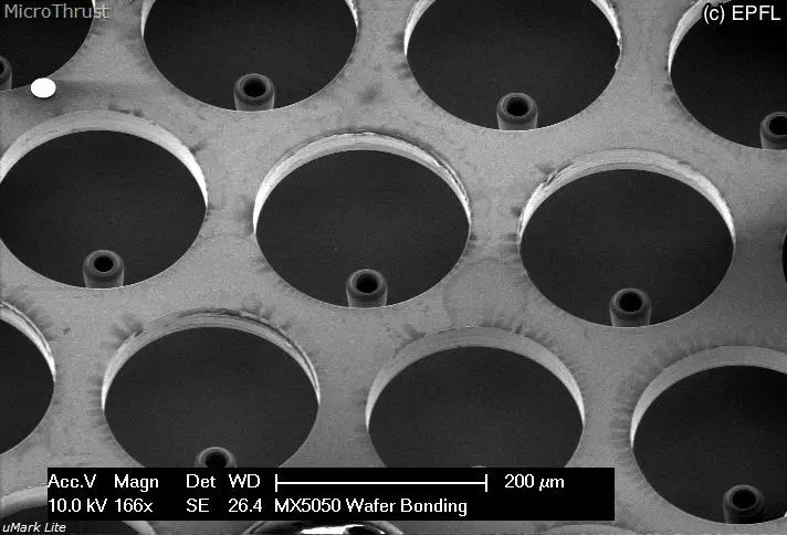 The array of tiny silicon nozzles from which the ions are emitted at speeds of around 40,000 km/h (24,855 mph)