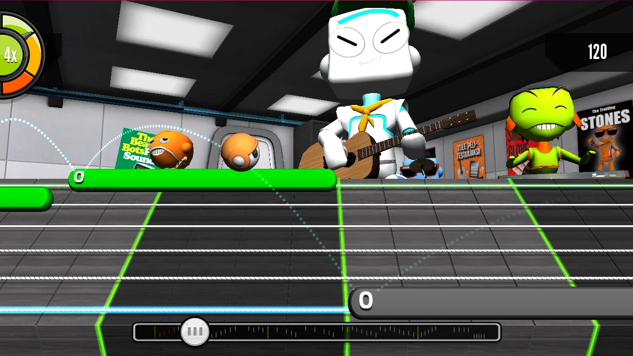 A bouncing robotic head indicates finger position and timing