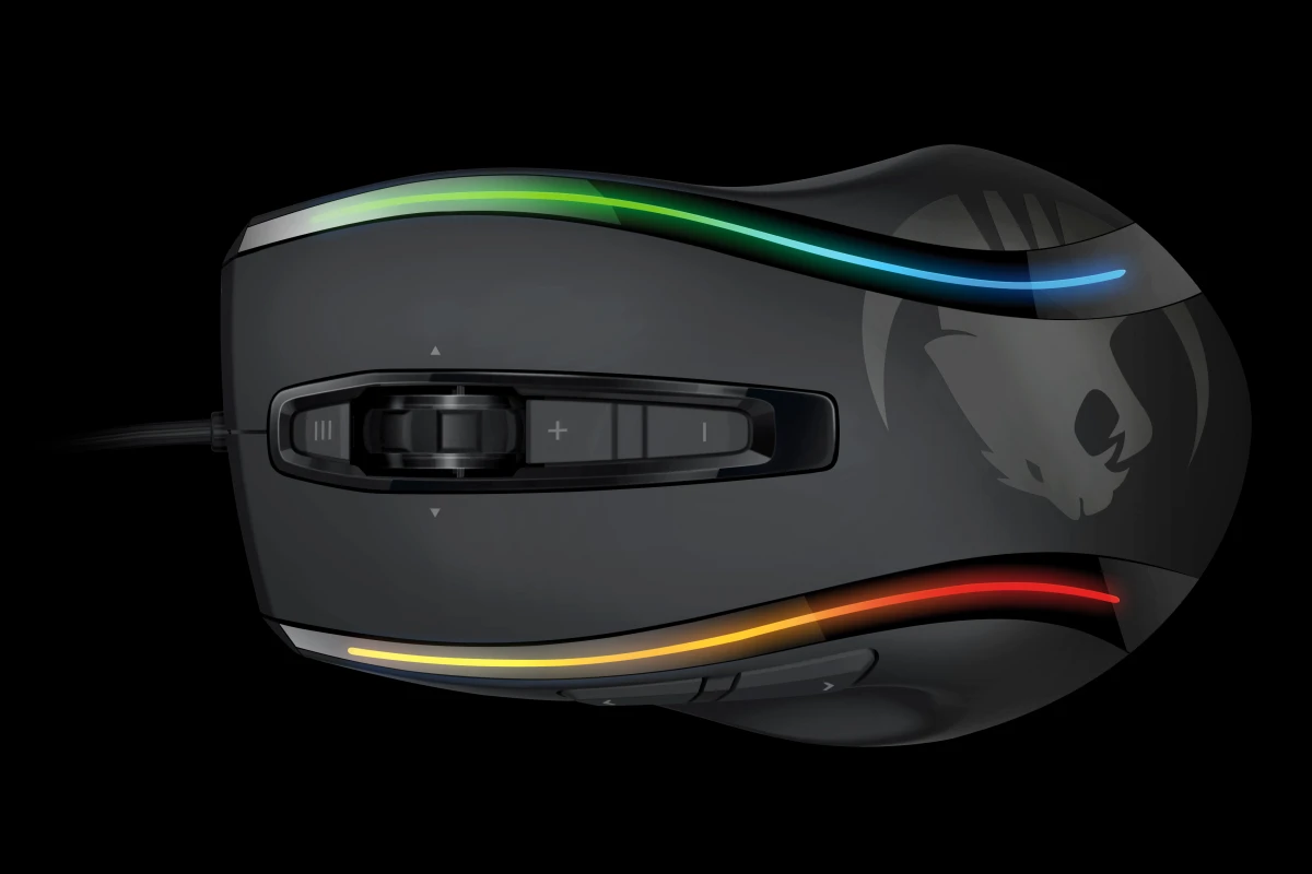 Along the back of the mouse are some funky, curvy enhanced lightpipes where four multicolor LEDs can be configured to light up, alternate or pulsate to give users eye-catching light show effects