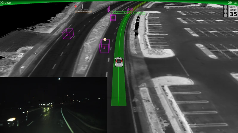 In this image, two cars (purple boxes) are going the wrong way down a boulevard at night – the Google car sees them equally well in day or night conditions