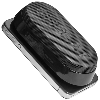 Three suction cups secure the palm-sized gaming sound system to the rear of a smartphone, media player or tablet