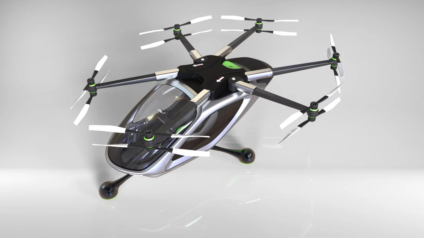 Jetpack Aviation's electric VTOL concept: coaxially mounted double props on each arm add thrust and redundancy while reducing the aircraft's footprint