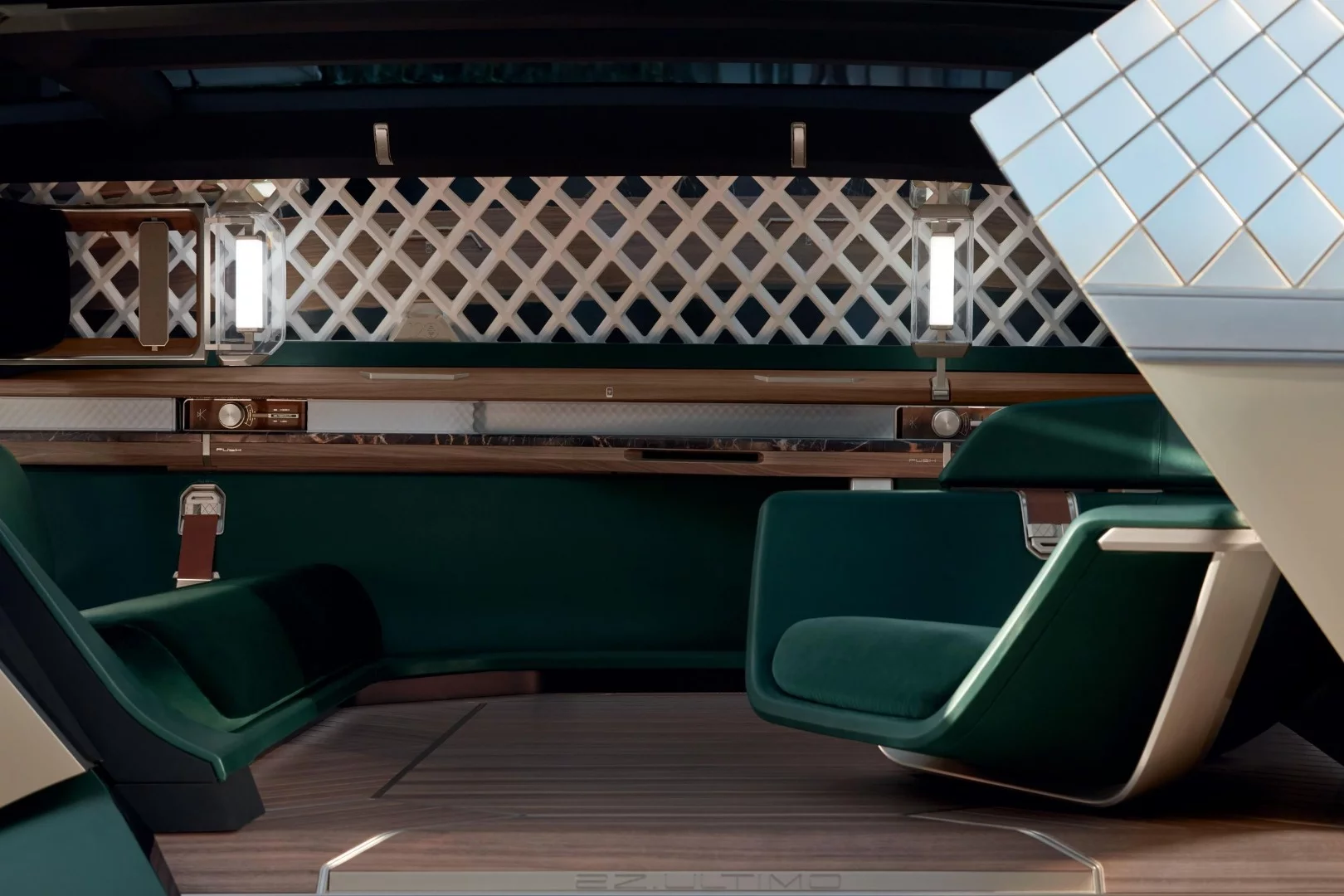 The EZ-Ultimo's three-seat interior appears more inspired by living rooms and hotel lobbies than conventional car cabins