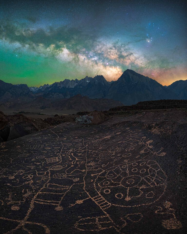Secret. The Milky Way contrasts against a canvas of petroglyphs carved into rock millennia ago by Native Americans, in the California Sierra Nevada mountains