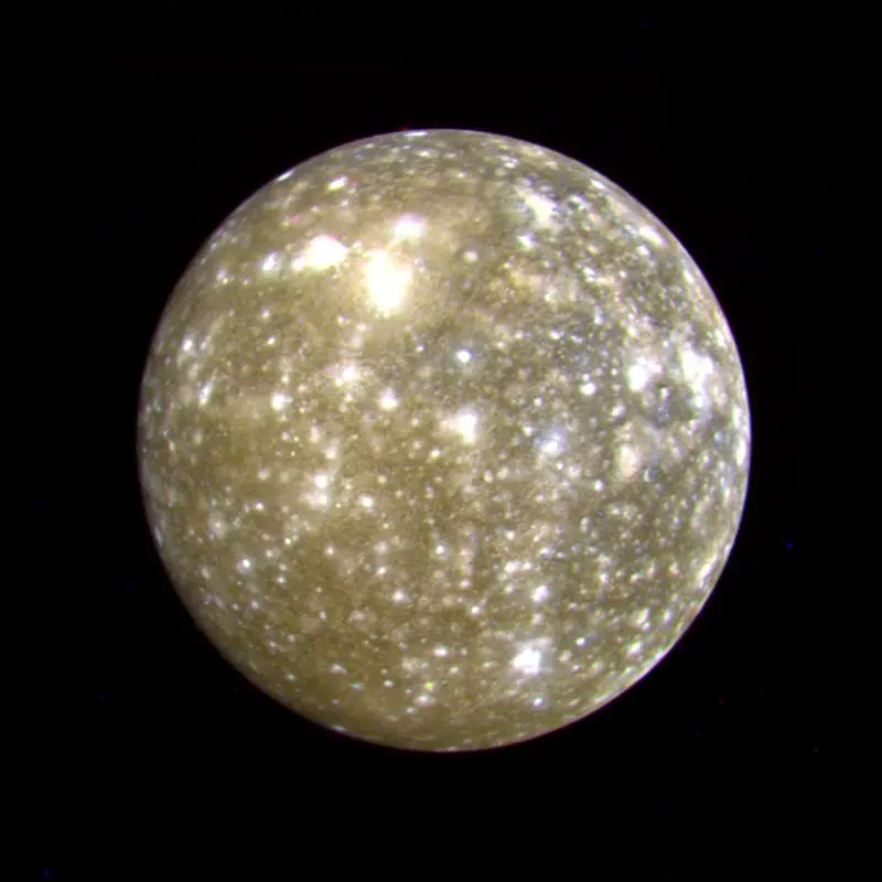 Callisto, a cratered Jupiter moon, captured by Voyager 2