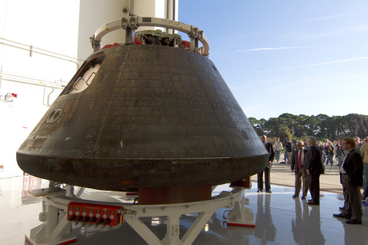 The heat damaged Orion capsule used in the EFT-1 mission, pictured at the Kennedy Space Centre