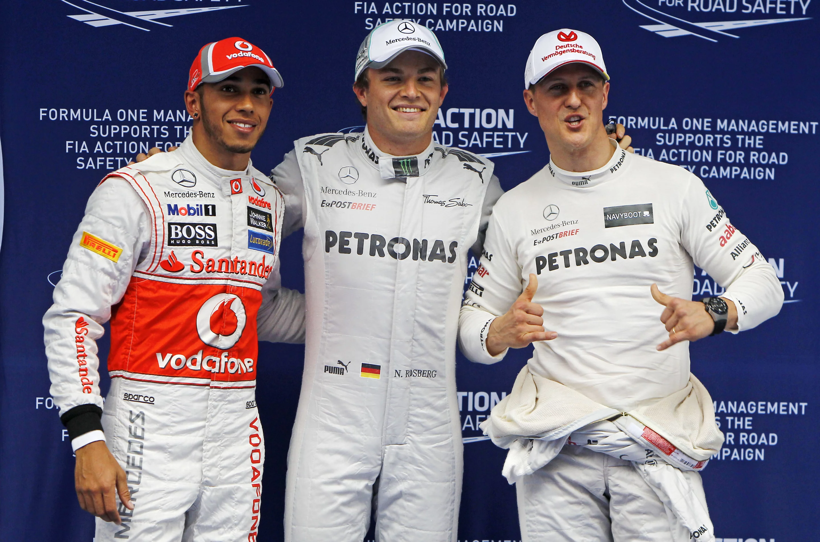 After qualifying in Shanghai - Hamilton, Rosberg and Schumacher - a grid penalty to Hamilton meant Mercedes locked up the front row for the first time in 57 years