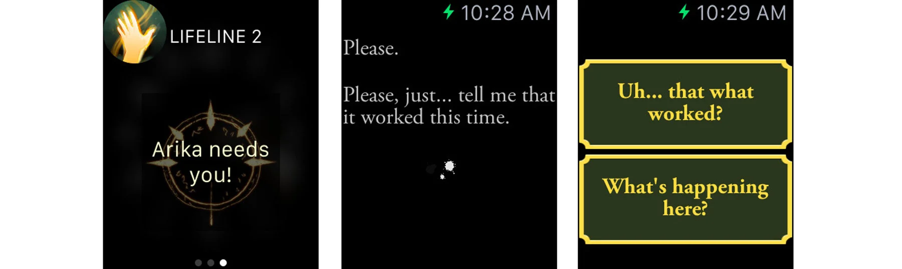 Apple Watch screenshots from the choose-your-own-adventure game Lifeline 2