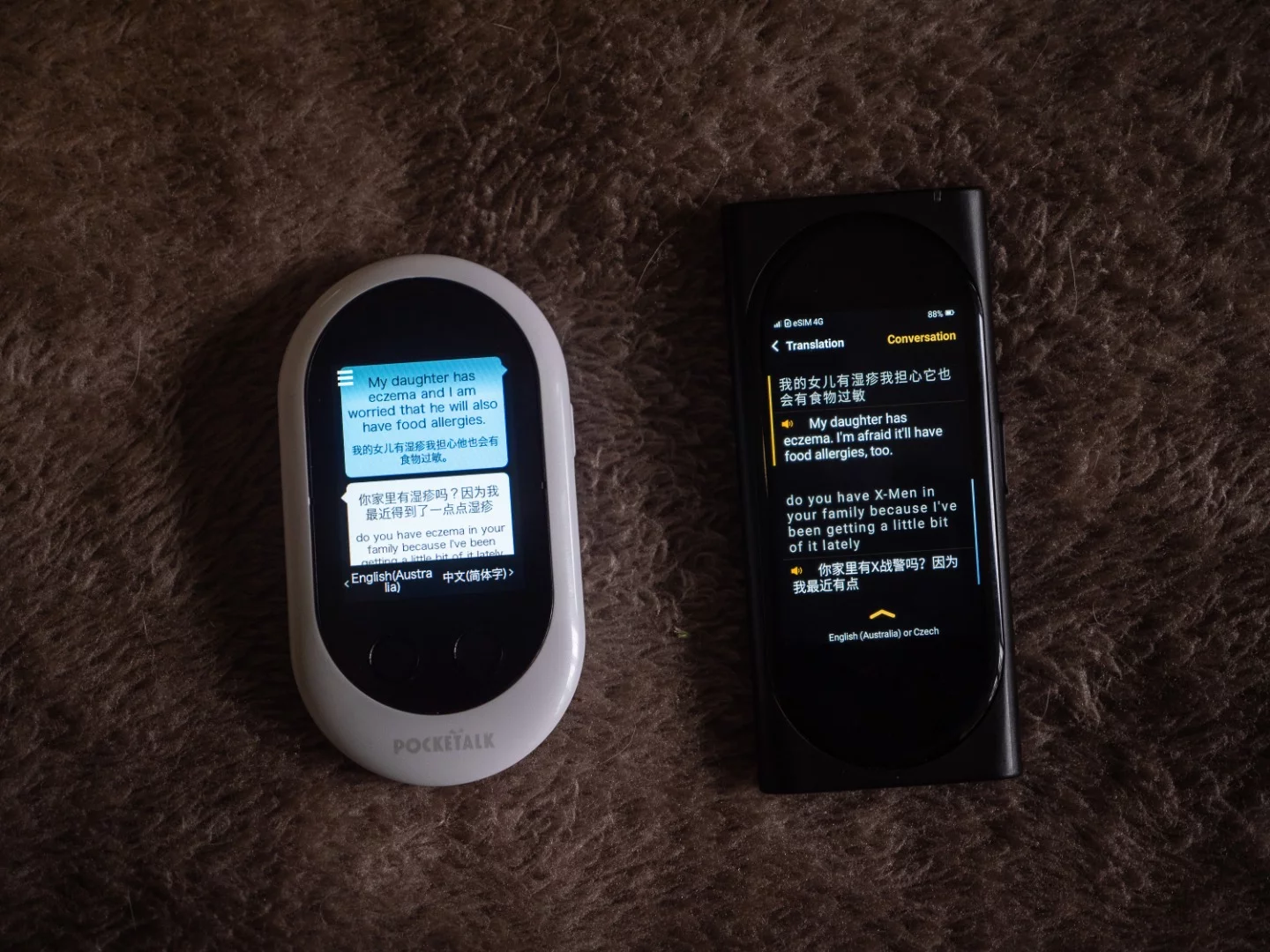 The Pocketalk (left) is a good device in its own right, but suffers in comparison to the Langogo (right), despite the "X-Men" mistake here