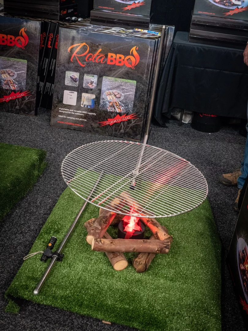 The RotaBBQ – drive a stake into the ground by the fire, and you can rotate your food on and off the flames, turn it while it's on there, and have yourself a coffee table when it's cool