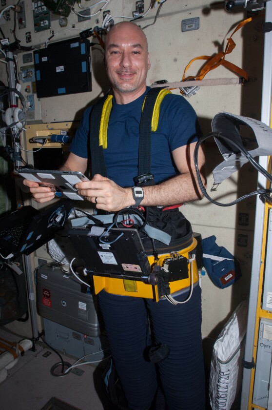 Astronaut Luca Parmitano using the Russian made Chibis pressure device (Image: NASA)