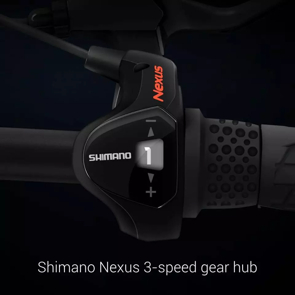 There are conventional controls for the gearing on the handlebars