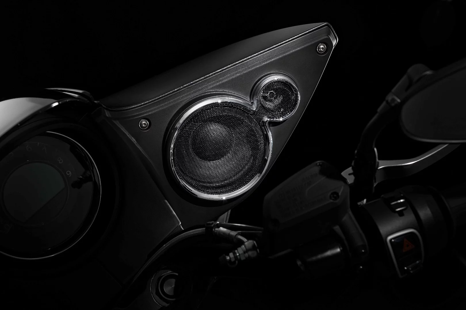 A two-channel, 25 watt audio system is just one of several electronic features embedded in the fairing