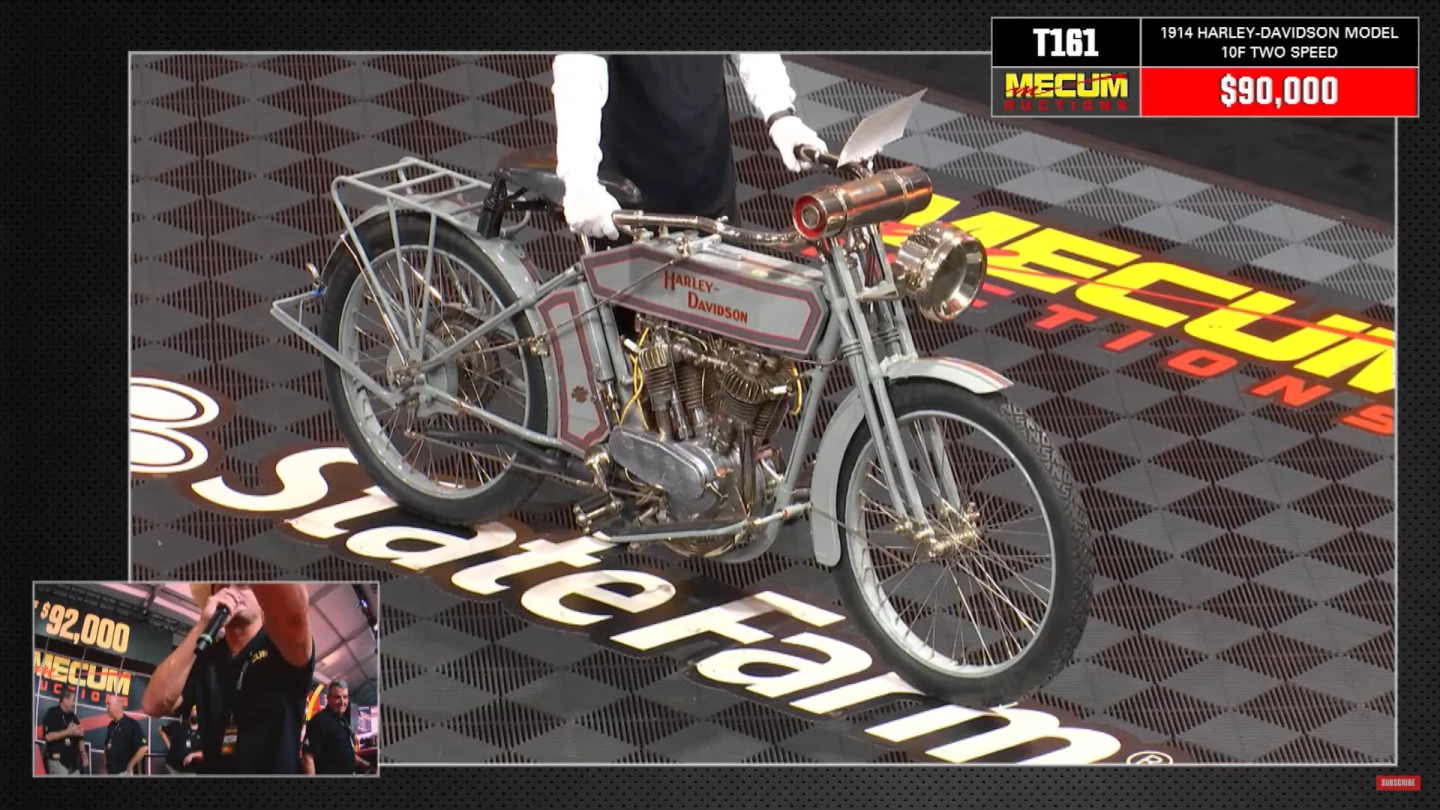 This 1914 Harley-Davidson Model 10-F went to auction during Monterey Car Week with Mecum Auctions (Lot F110) on 13-August-2021 with an official estimate of $75,000 to $90,000, selling for $101,200 including buyers premium
