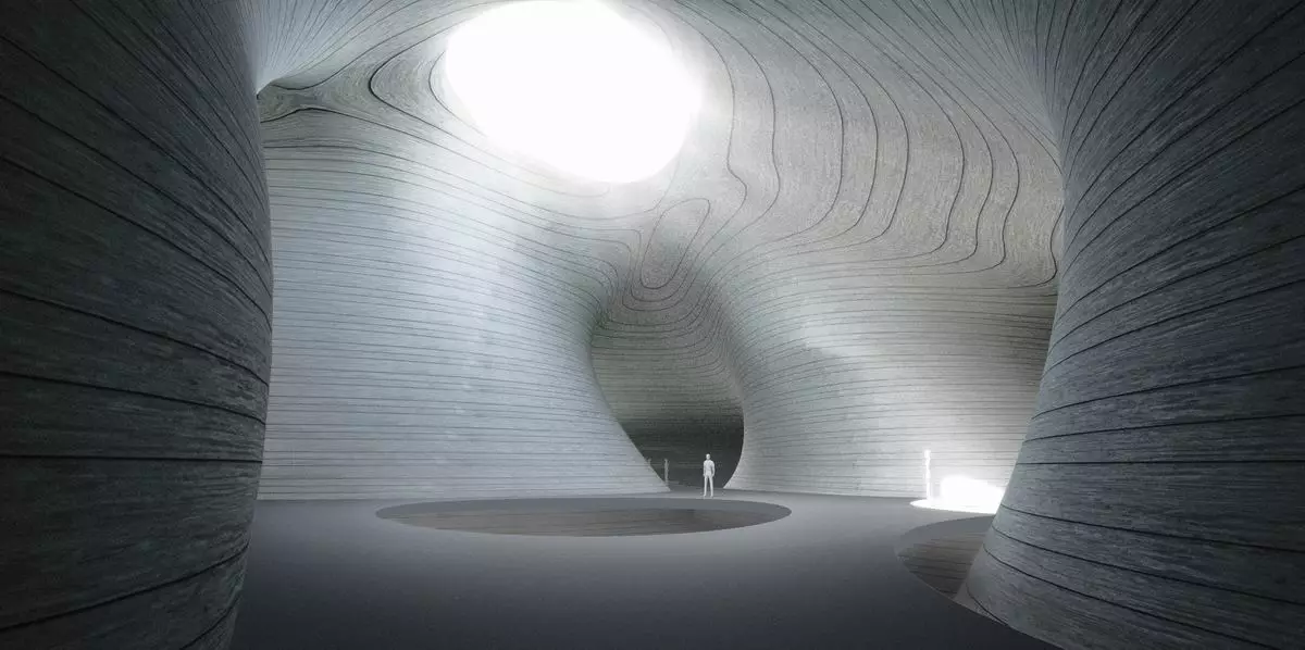 Interior spaces are based on ancient caverns