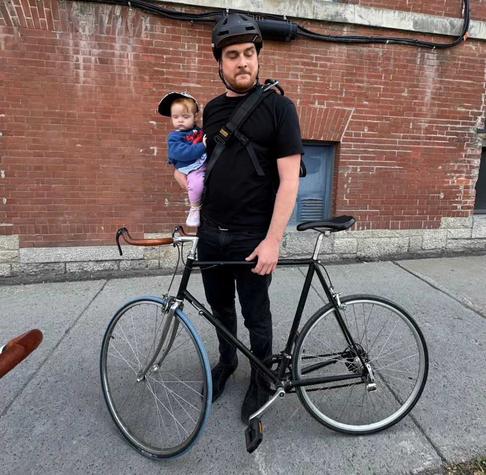 Tory Jarvis with an early 80s Miele on which he stripped the decals, converted the drop bars to bullhorns, swapped in time trial brake levers, and upgraded to a long-cage rear derailleur