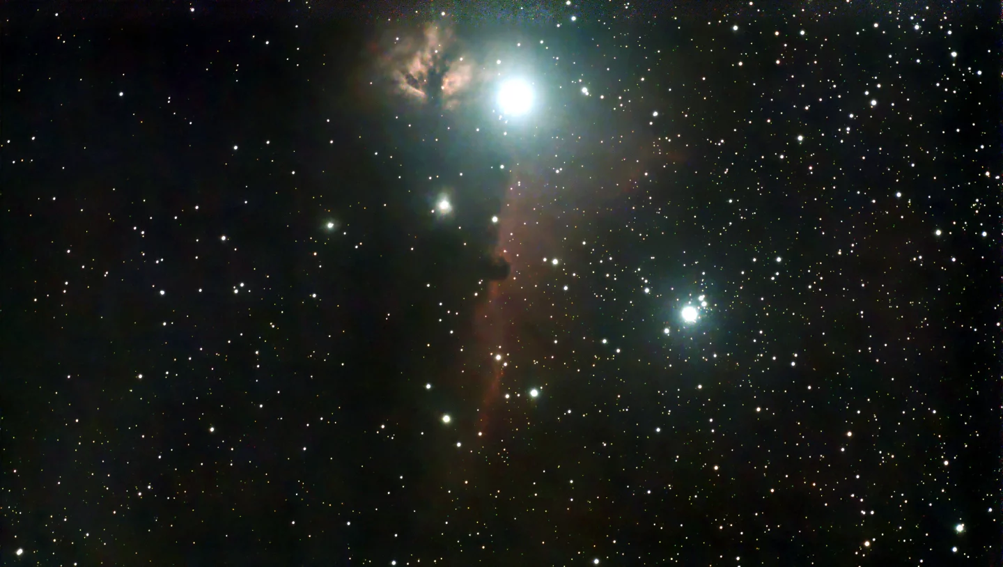 Stacked image of the Horsehead Nebula - shutter 30, gain 60, stack count 50 (image tweaked using GIMP)