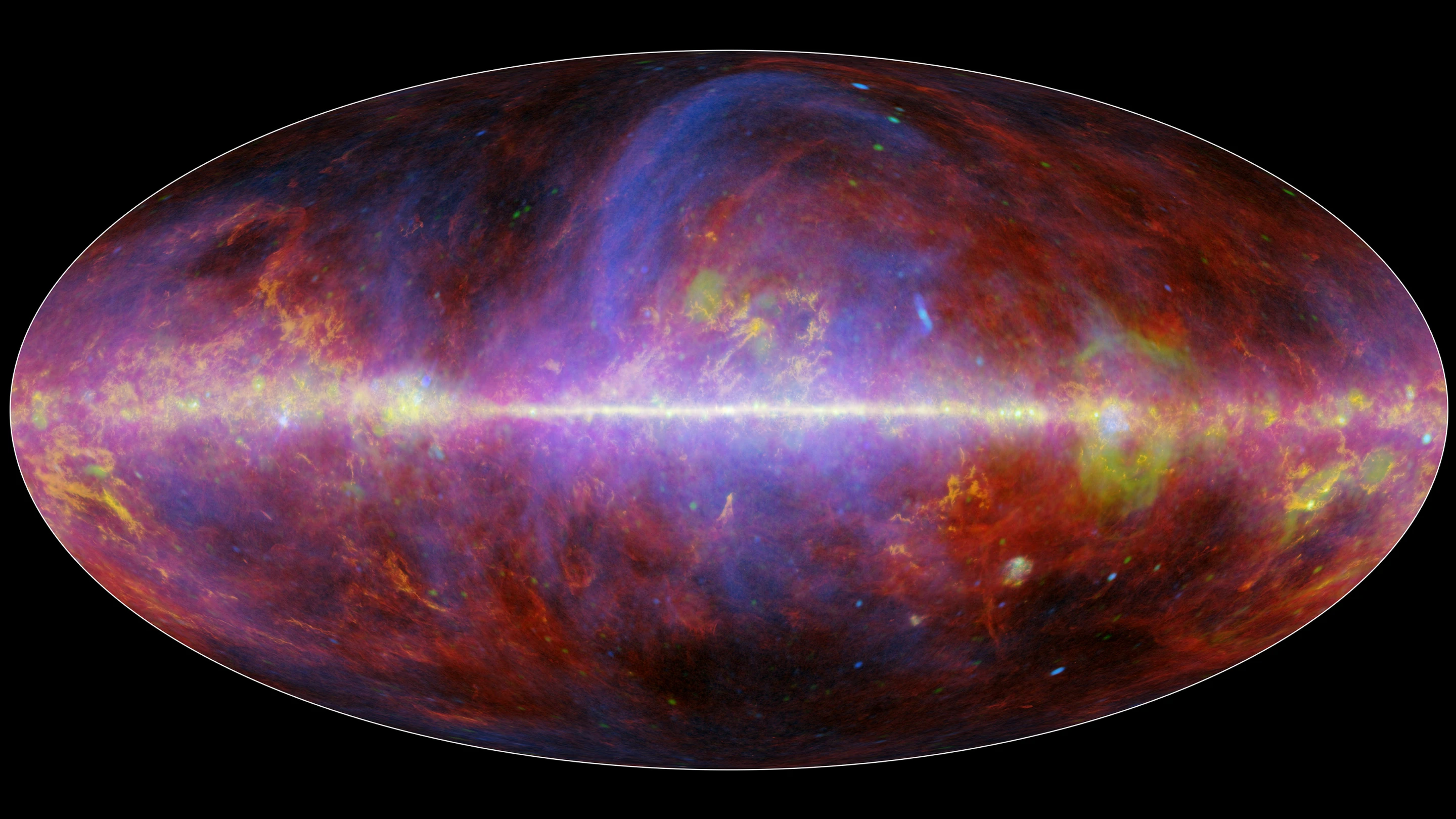 The new map from Planck, where blue areas indicate the presence of synchrotron radiation, the red is a form of dust that gives off a thermal glow, green represents free-free radiation and yellow indicates the presence of carbon monoxide gas (Image: ESA/NASA/JPL-Caltech)