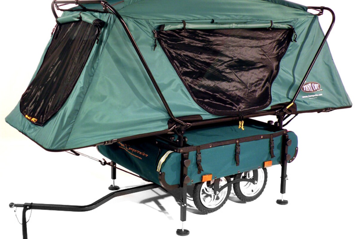 Midget Bushtrekka bicycle trailer with tent affords aboveground sleeping