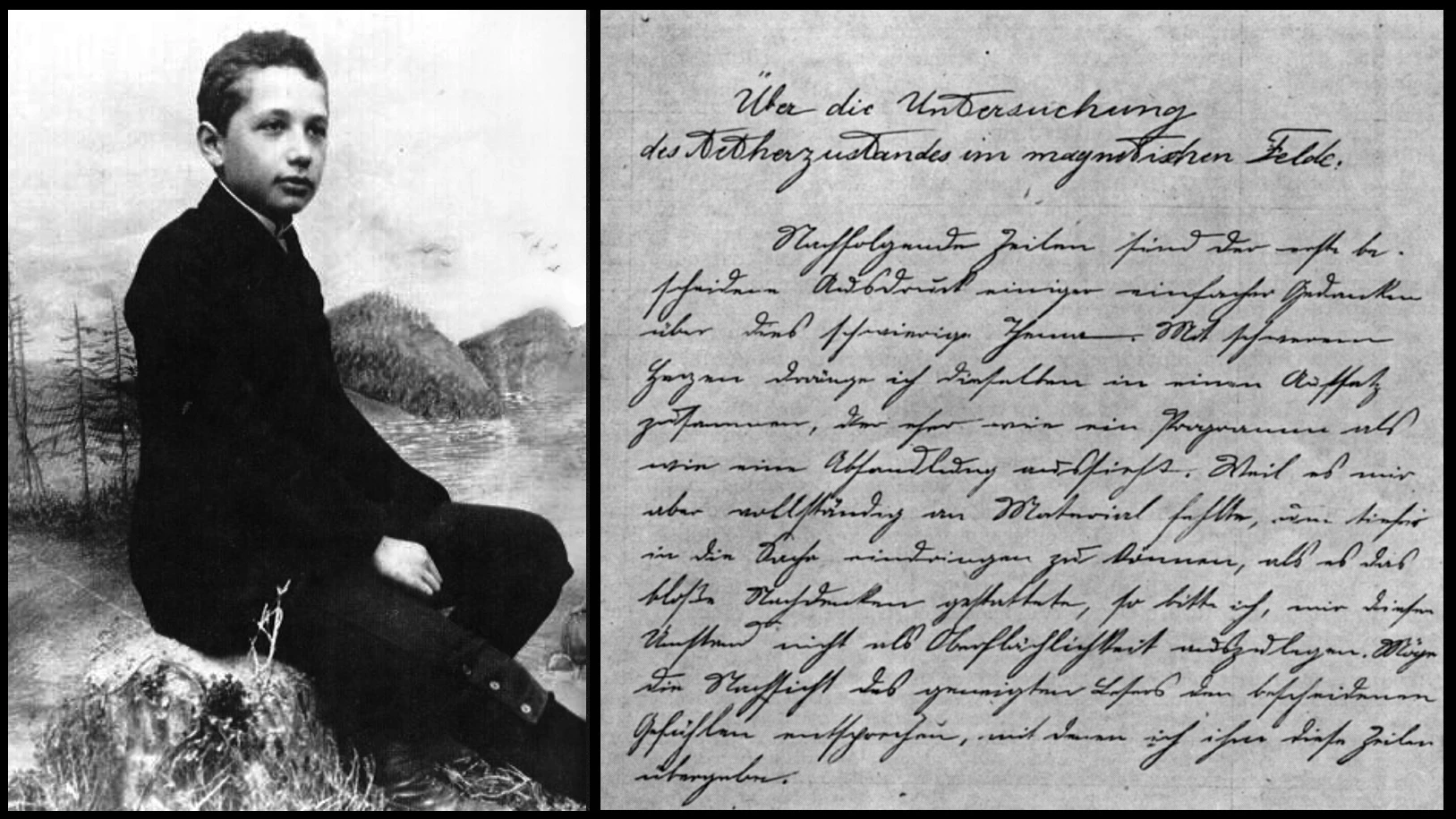 Einstein's first scientific paper, written at 16-years-of-age (he is pictured above at 14), contains the seeds of the theory of relativity. It pursues an inquiry relating to the ether, the elastic substance which, according to the science of the day, filled all of space. It was Einstein's continued interest in questions on the boundary between mechanics and electro-magnetics which provided the departure point for his 1905 special theory of relativity, which was to cause the final abandonment of the ether concept.