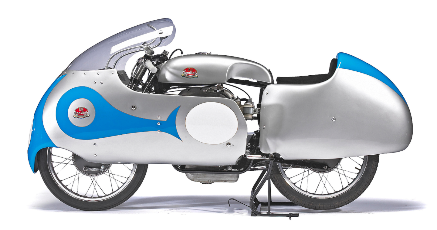 Sixty years ago, the first aerodynamic efforts in motorcycle racing saw the advent of the ‘Dustbin’ fairing, pictured here, on a 1957 factory Mondial 125cc Grand Prix racer. These enclosed fairings boosted the top speed of the motorcycle by as much as 20 mph, but enabled side gusts of wind to blow motorcycles off the track. They were eventually banned