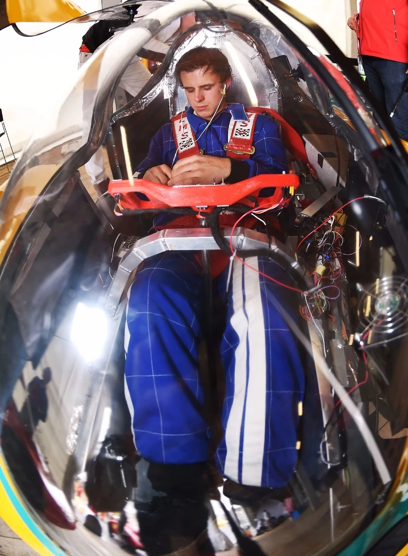 The Accelerator, a hydrogen UrbanConcept racing for team HAN Hydromotive from Hogeschool Van Arnhem En Nijmegen, Arnhem, Netherlands prepares to enter the track during Make the Future London 2016