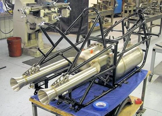 Wide view of combustion chamber, nozzles, and hydrogen peroxide tank mounted in motorcycle frame (Photo: Glenn Brittian)
