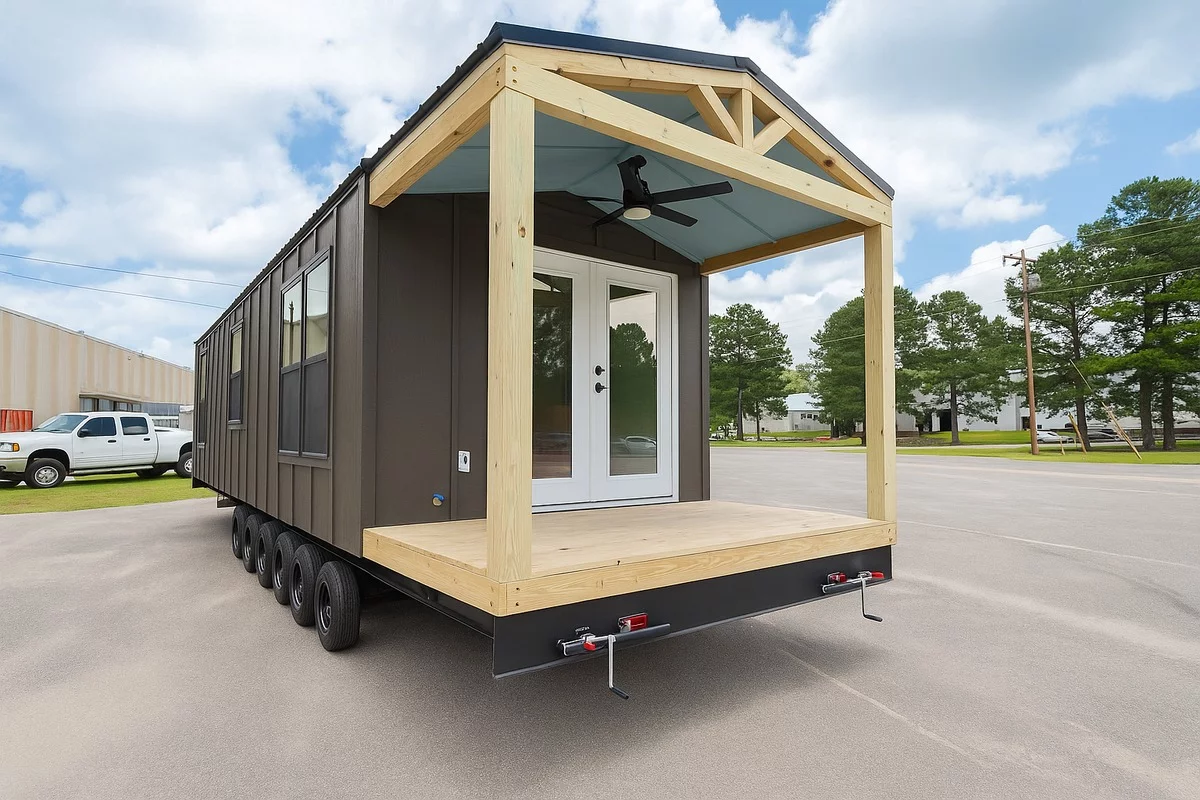 The Rowan is a tiny house suitable for up to two people that includes a spacious interior and a porch