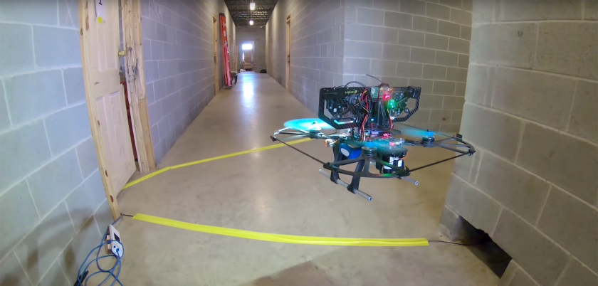 A DARPA FLA UAV negotiates an indoor course at high speed
