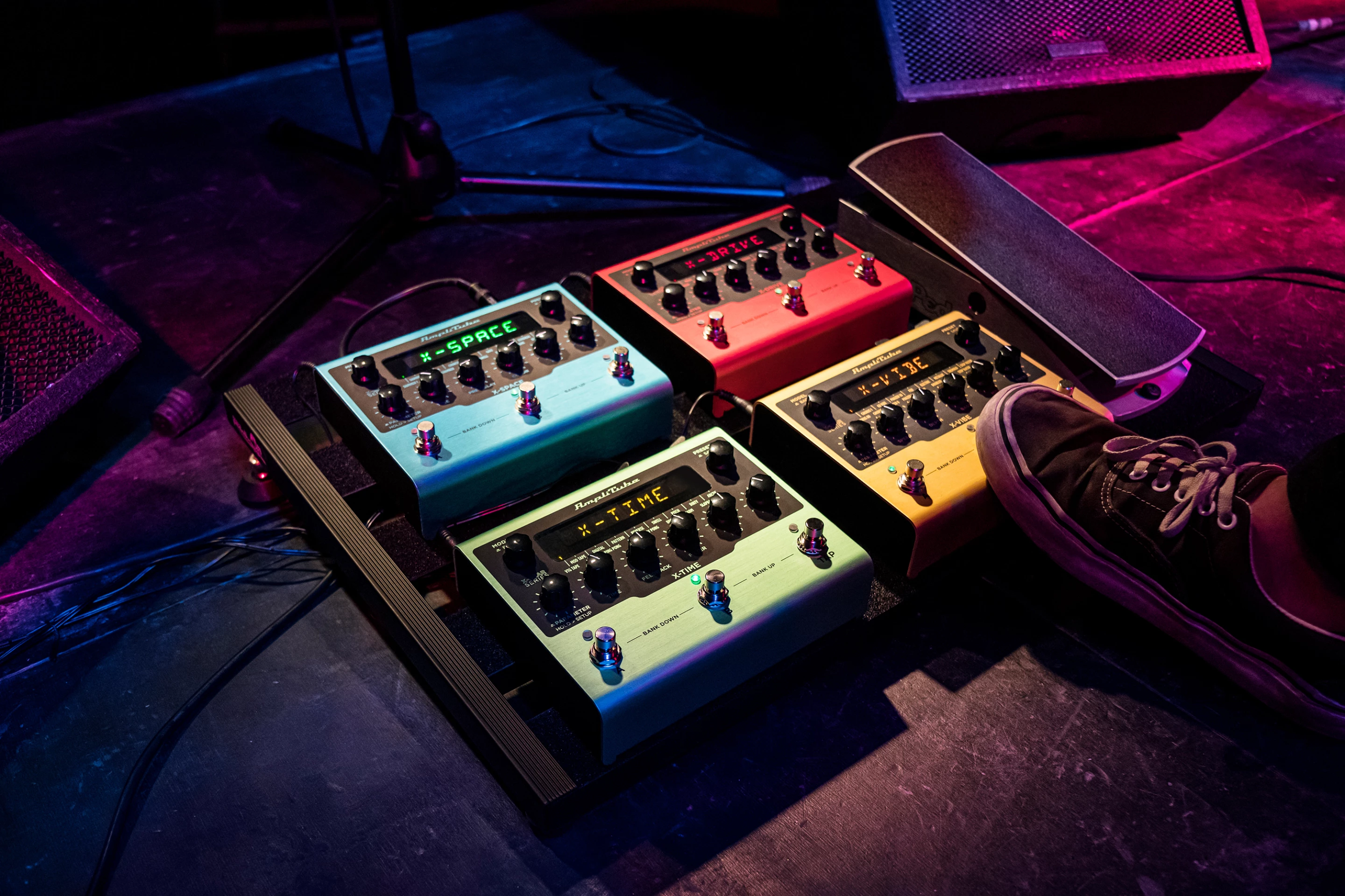 The X-Gear range comprises the X-Space reverb, X-Time delay, X-Drive distortion and X-Tiem modulation pedals