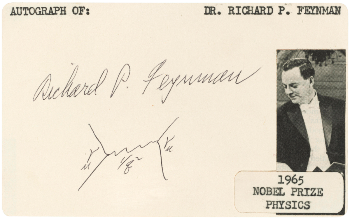 An autographed Feynman diagram | Price: $12,665 (£10,000) | Auction Link | The 'Feynman diagram' is the scientist's best known yet brilliantly simple contribution to theoretical physics. Feynman first introduced this ground-breaking diagrammatic tool for visualising the interactions between sub-atomic particles at the 1948 Pocono Conference in Pennsylvania, the second in a series of three post-war conferences convened by Robert Oppenheimer on behalf of the American National Academy of Sciences (NAS). This is the first signed 'Feynman diagram' to appear at auction.