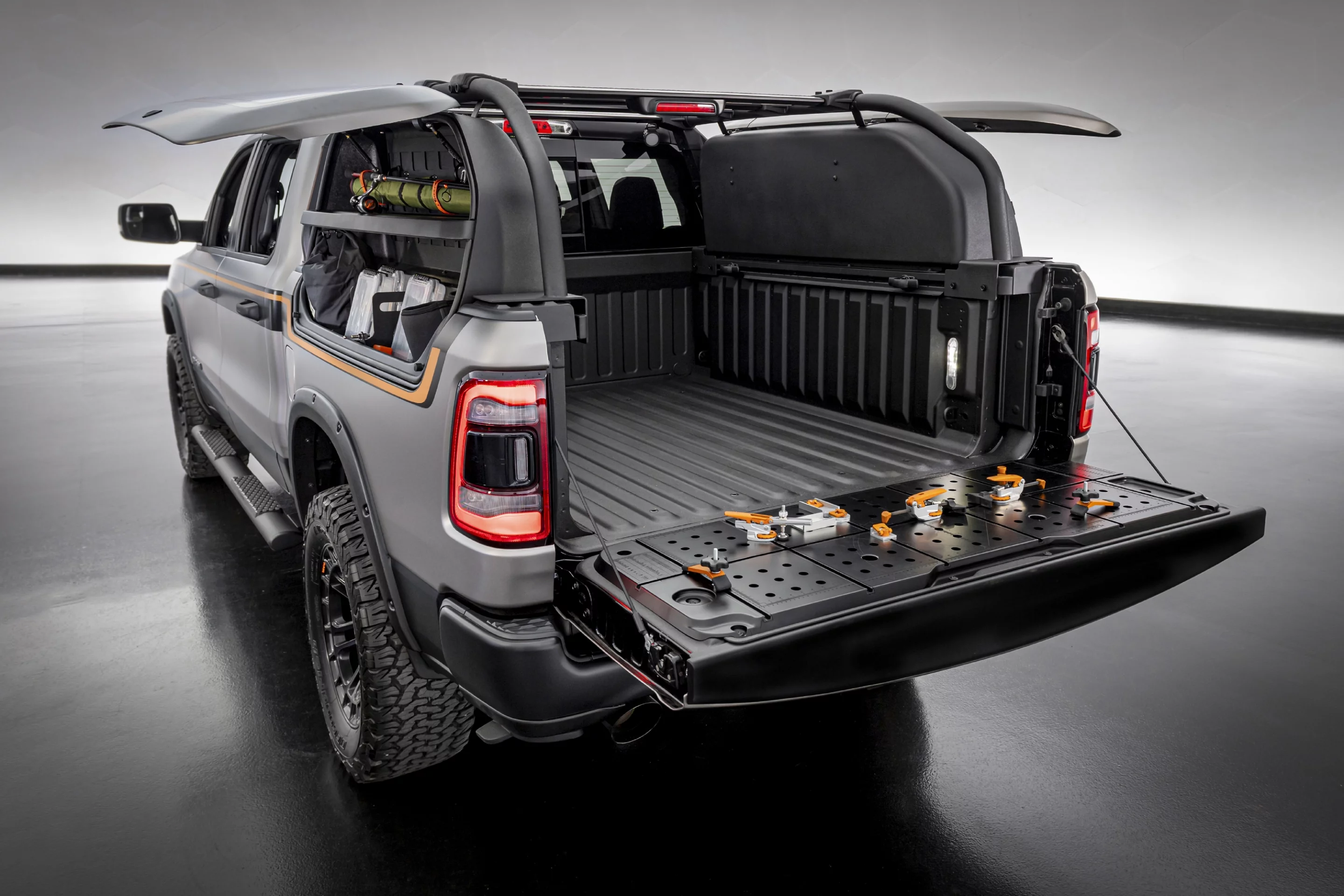 The Ram 1500 Backcountry X Concept brings a full bed, large side cargo boxes, a workbench tailgate and Thule crossbars