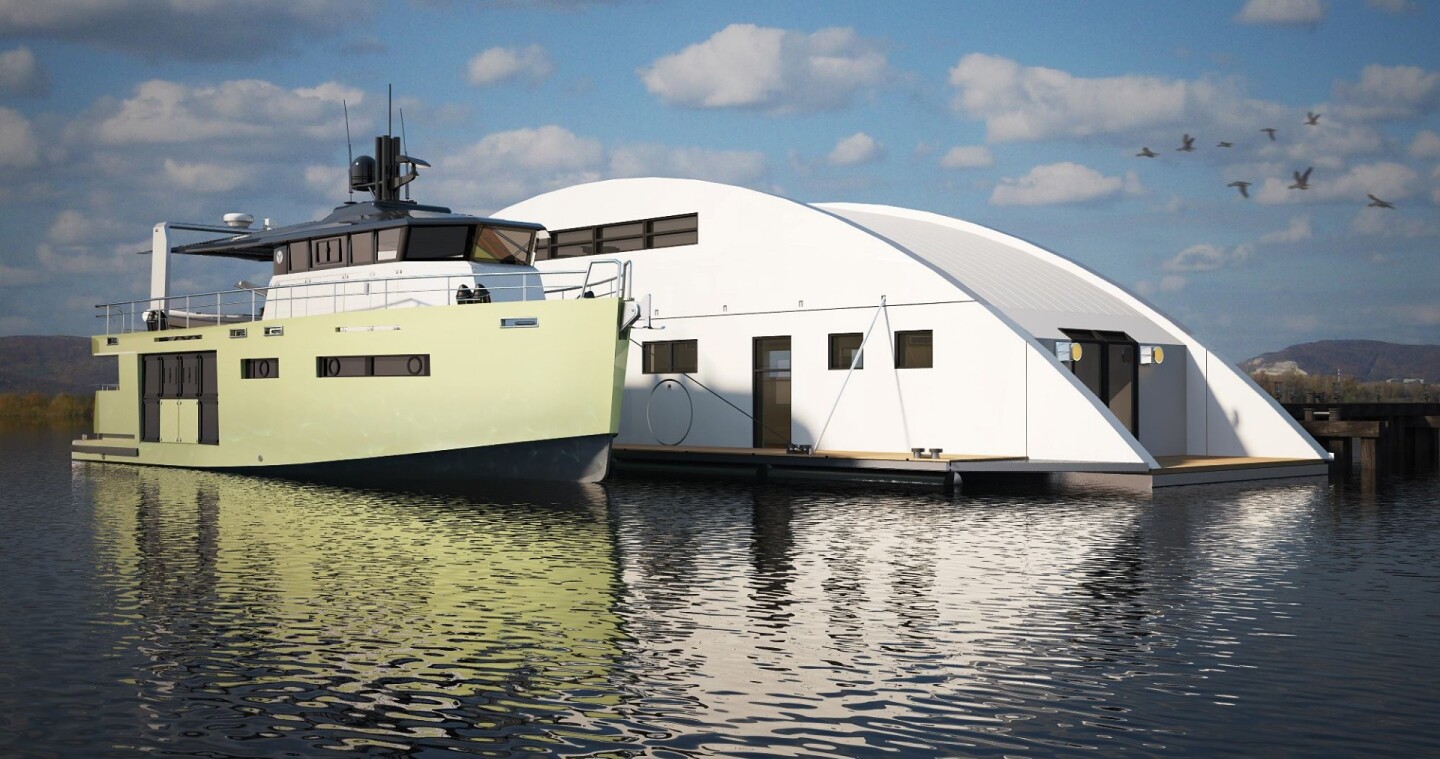 Another of Zhivov's innovative houseboats is the Houseboat Moon, a houseboat for long term accommodation that doubles as a relocatable wharf