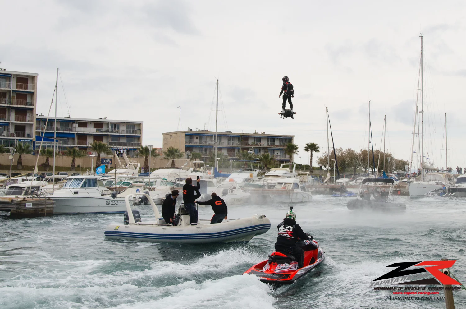 Franky Zapata and support crew approach Sausset-les-Pins in the south of France
